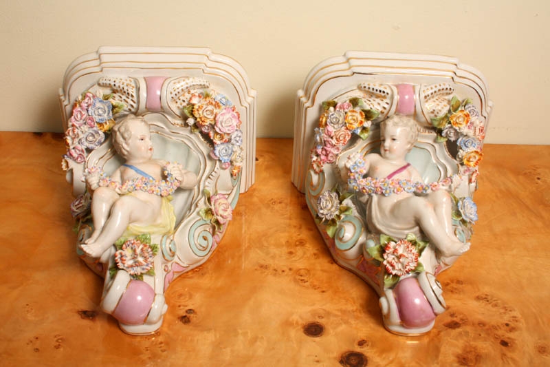 Pair Painted German Dresden Porcelain Wall Brackets