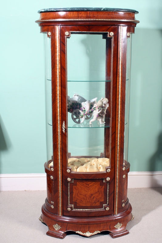 French Oval Glass Walnut Marble Top Display Cabinet