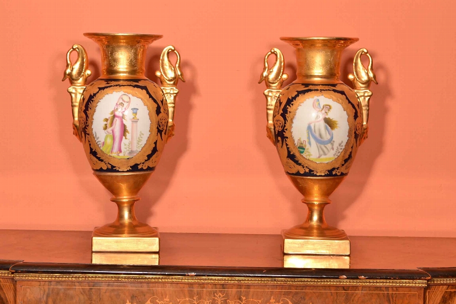 Pair Gilded French Empire Style Porcelain Vases