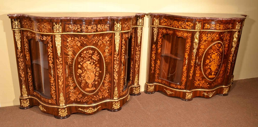 Pair Walnut Marquetry Credenzas Burgundy Marble Tops