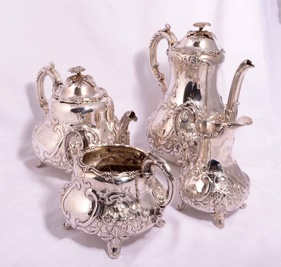 Antique English Silver Rococo Tea & Coffee Set 1865