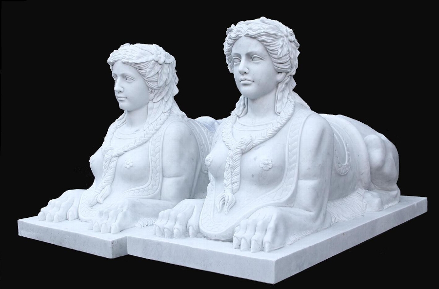 Magnificent Pair Large Marble Sphinx Statues Garden
