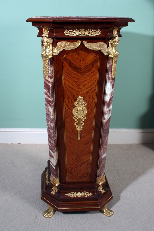 Exquisite French Empire Walnut Marble Topped Pedestal