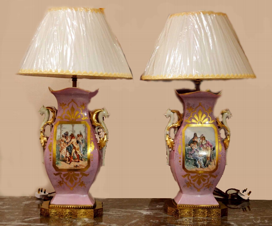 Spectacular Pair Antique Paris Porcelain Lamps C1850