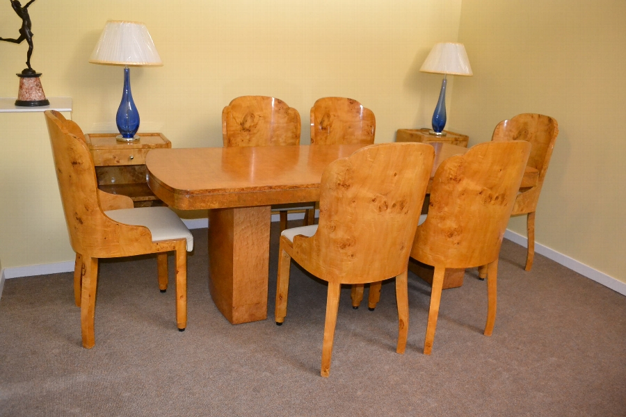 Antique Art Deco Birdseye Maple Dining Table & 6 Chairs