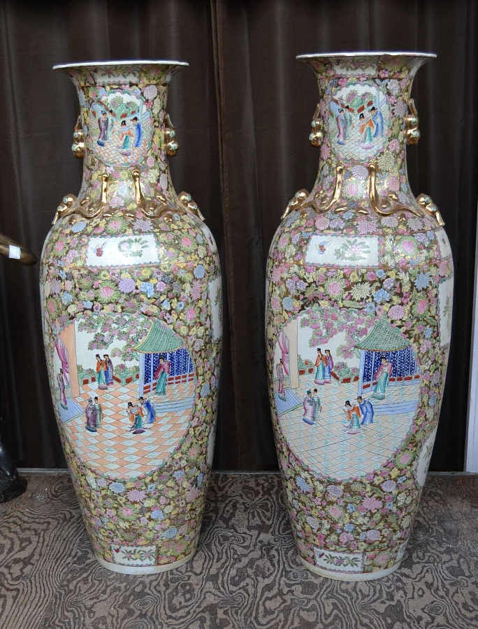 Huge Pair of Hand Enamelled Chinese Vases 5ft 2inches