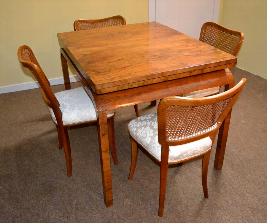 Antique Art Deco Burr Walnut Dining Table & 4 Chairs