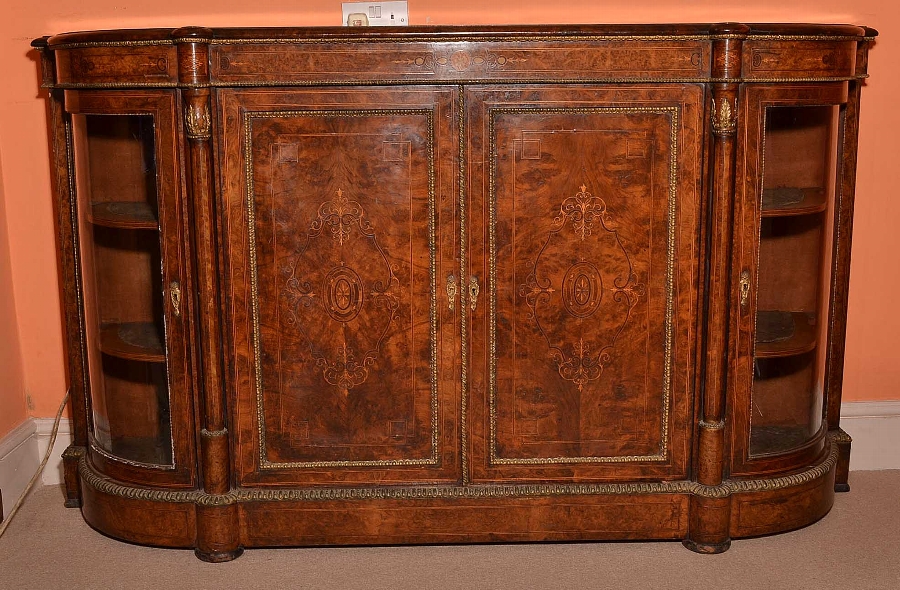 Antique Victorian Walnut Inlaid 4 door Credenza C1860