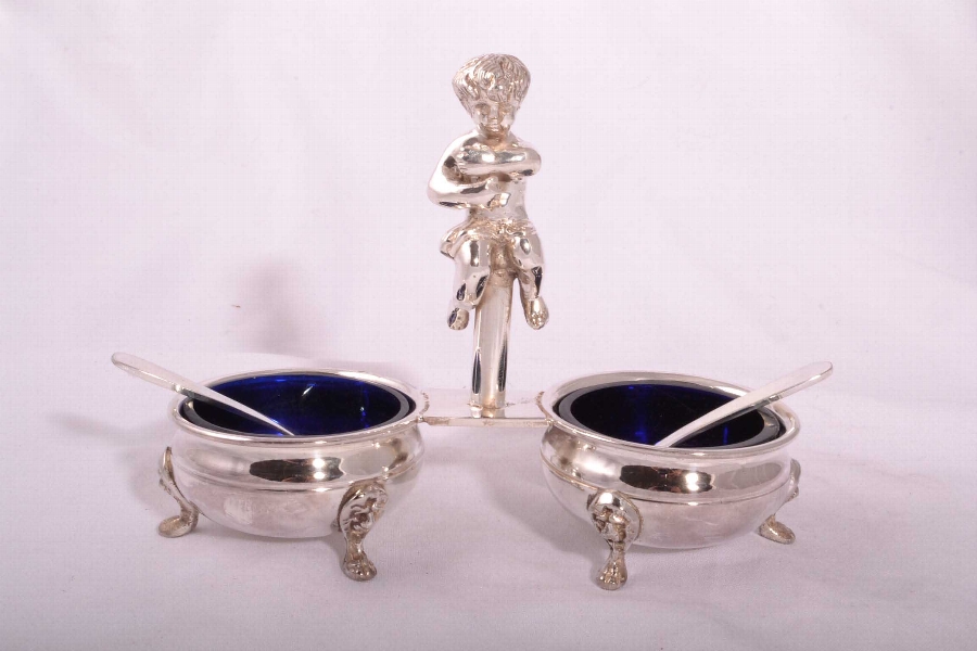Silver Plated Cherub Salts Dish with Blue Glass Liner