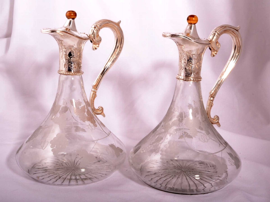 Stunning Pair Silver Plated Engraved Ship's Decanters