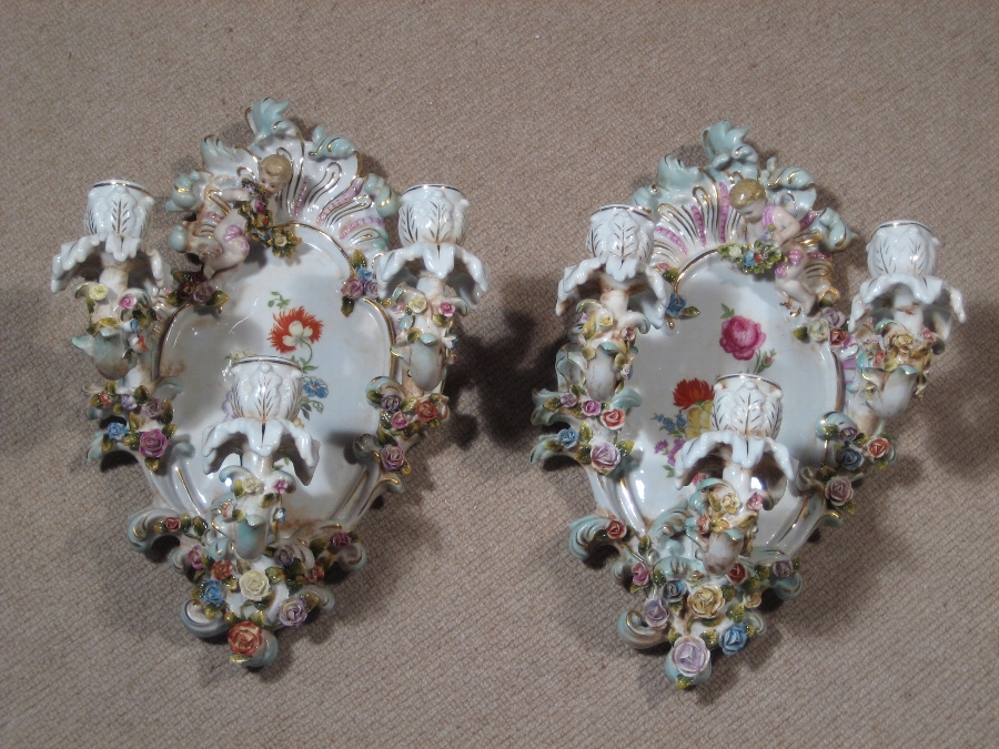 Gorgeous Dresden Hand Painted Wall Plaques Candlesticks