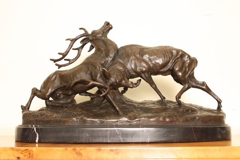 Amazing Pair of Rutting Stags at War Bronze Sculpture