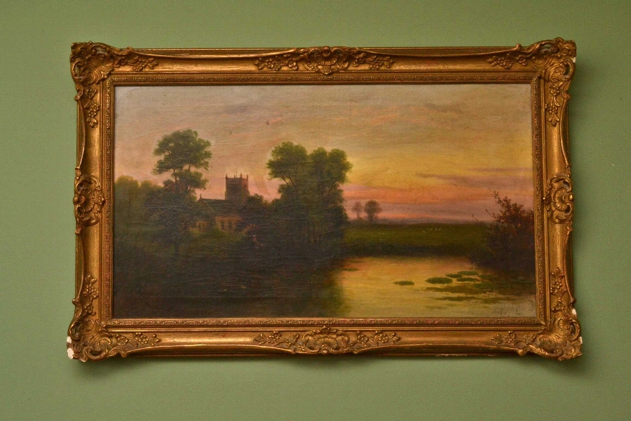 Antique Oil Painting Church on the River bank C1880