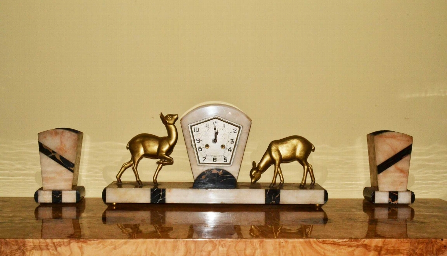 Antique French Art Deco marble Clock & urns set C1930