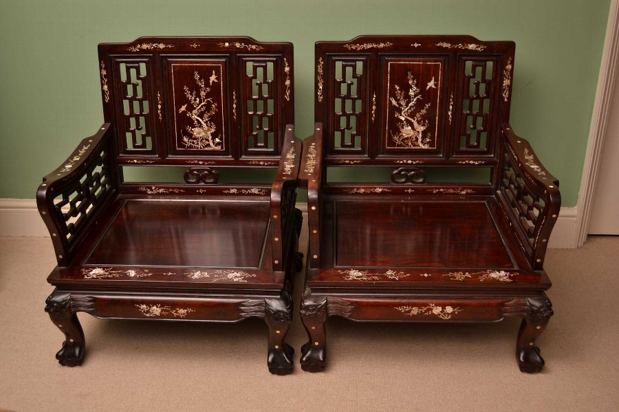 Pair Vintage Chinese Armchairs Inlaid Mother of Pearl