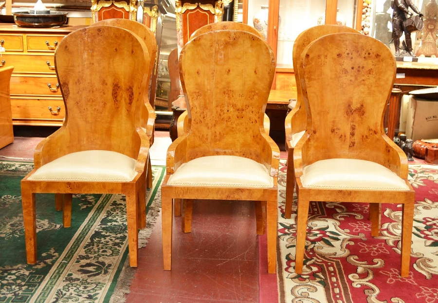 Beautiful Set 8 Art Deco Birdseye Maple Dining Chairs