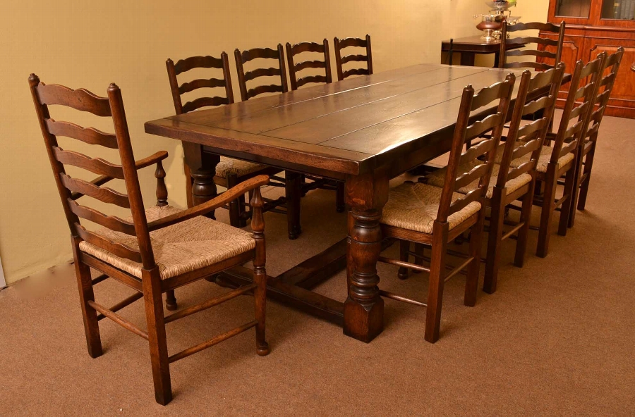 Vintage solid oak refectory dining table & 10 chairs