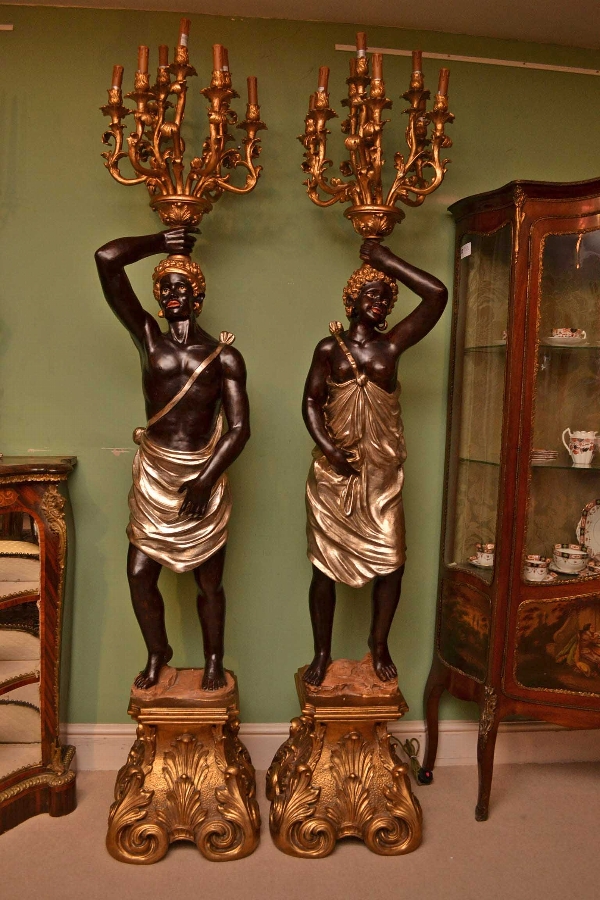 Pair Blackamoor Wired Candelabras Hand Painted Gilded