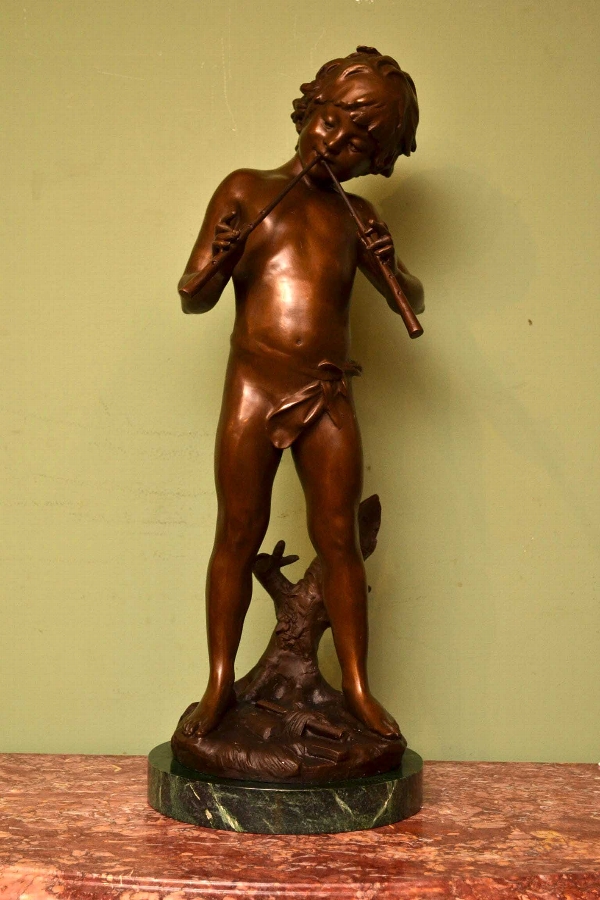 Beautiful Bronze Sculpture of Boy Piper A. Moreau