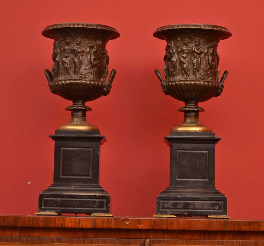 Stunning Pair Antique Bronze Urns Marble Bases