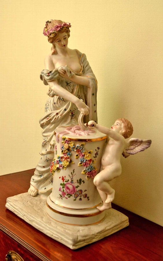 Beautiful German Dresden Porcelain Sculpture Lady Cupid