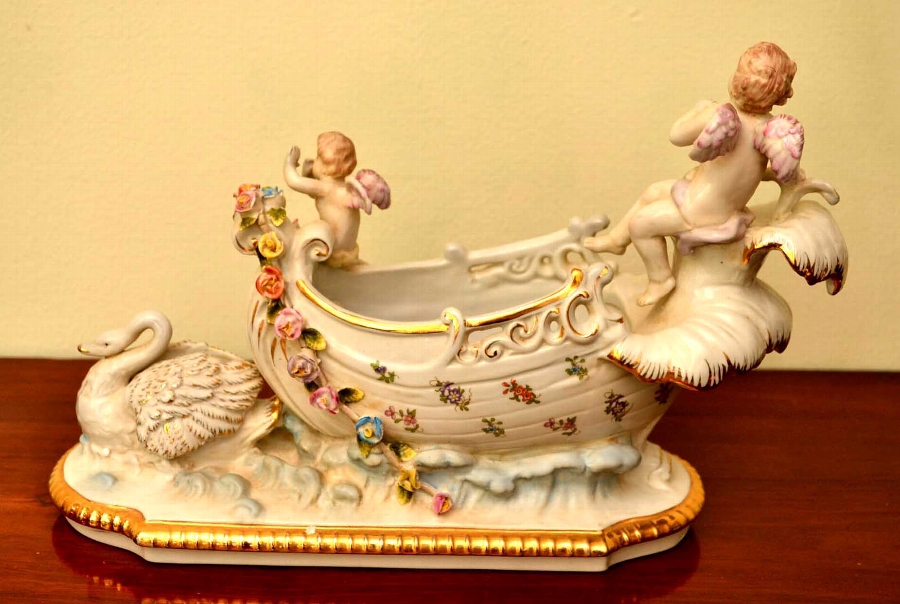 Charming Hand Painted German Dresden Porcelain Sled