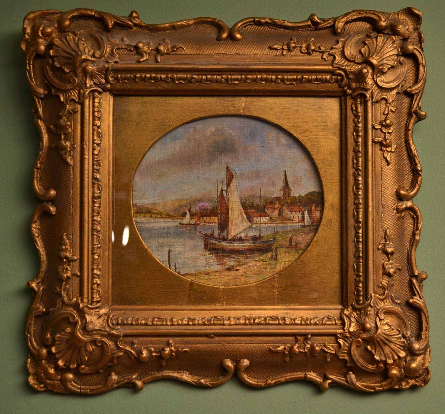 Antique Victorian Oil Painting Sailing Boat Landscape