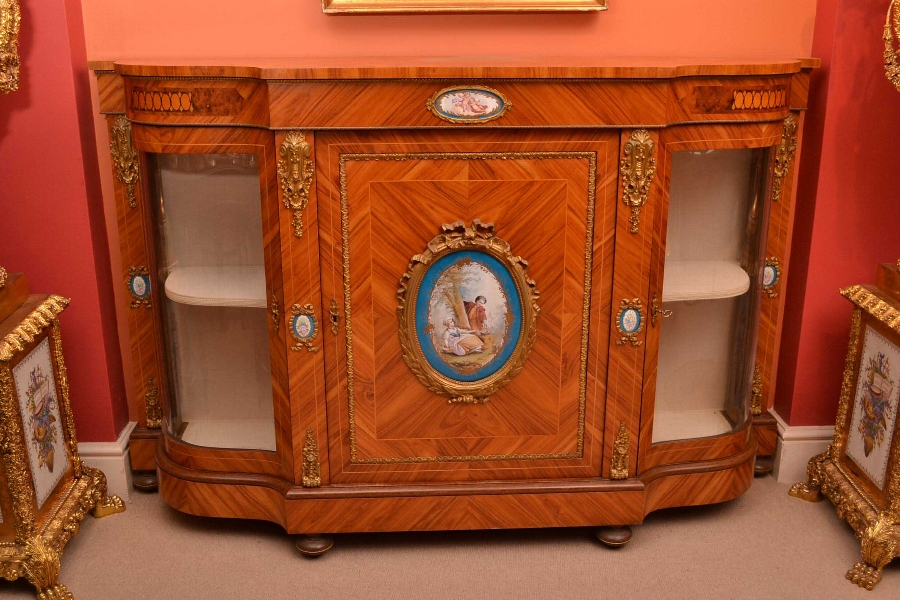 Stunning Victorian Kingwood Sevres Plaques Credenza
