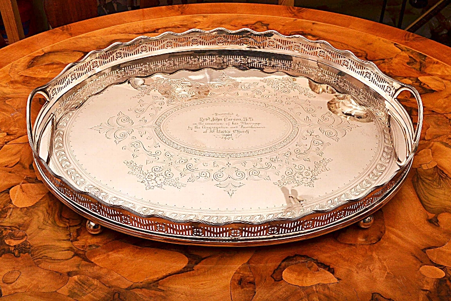 Antique Edwardian Silver Plated Oval Gallery Tray