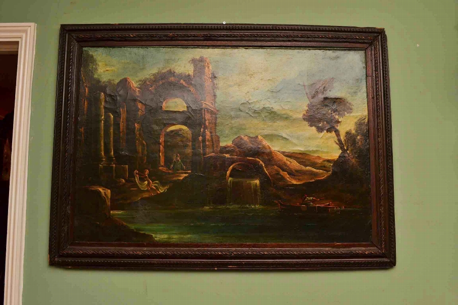 Antique Oil Painting Landscape Ruins XIX Century