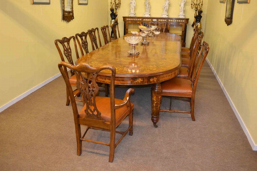 Victorian Dining Table & 12 Chairs Walnut Marquetry