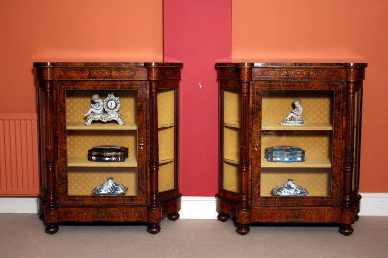 Pair Victorian Burr Walnut Inlaid Display Cabinets