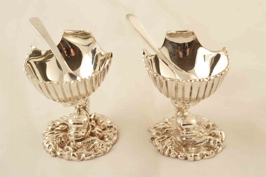 Charming Pair Silver Plated Shell Salts with Spoons