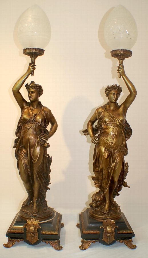 Stunning Pair Bronze Female Figure Classical Lamps