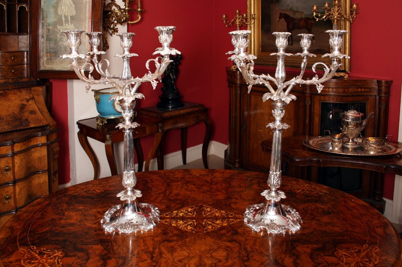 Pair Engraved Chased Sheffield Silver Plate Candelabras