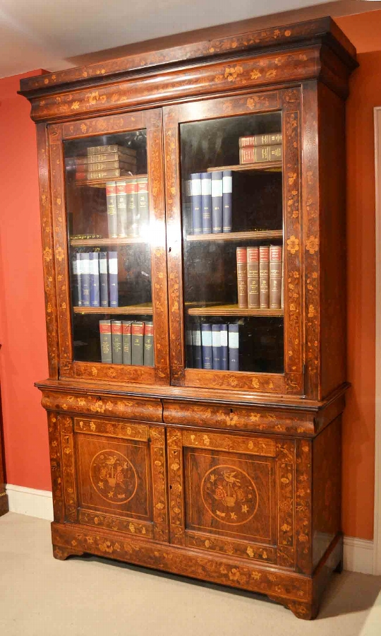 Antique English Victorian Marquetry Bookcase C1860