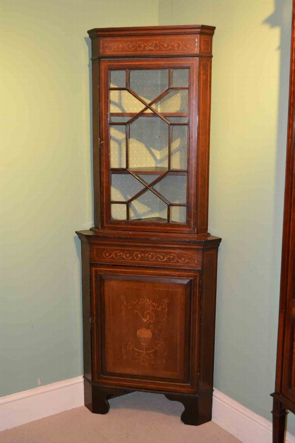Antique English Edwardian Inlaid Corner Cabinet C1900