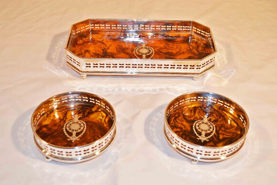 Lovely Trio Silver Plate & Faux Tortoiseshell Coasters