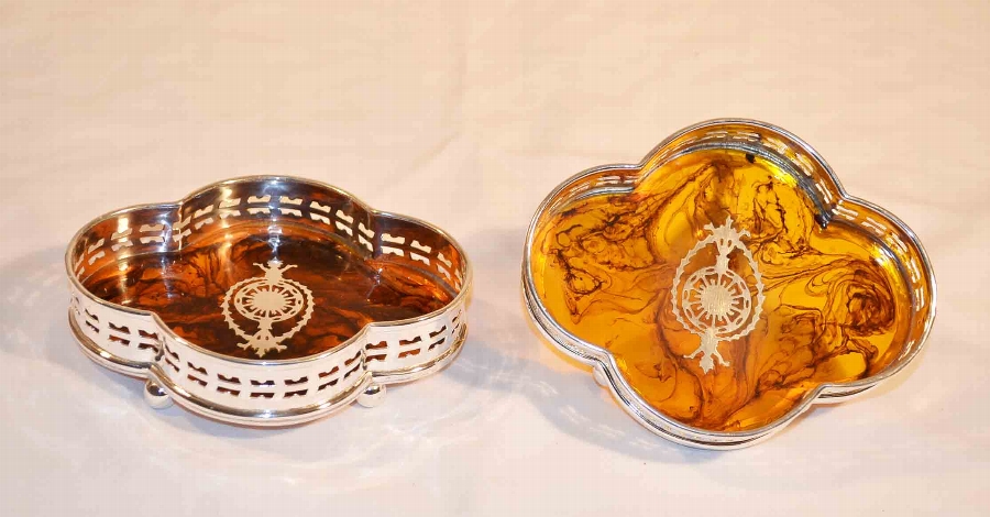 Lovely Pair Silver Plate & Faux Tortoiseshell Coasters