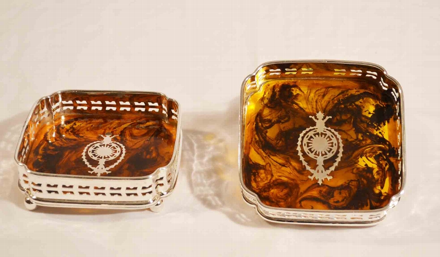 Lovely Pair Silver Plate & Faux Tortoiseshell Coasters