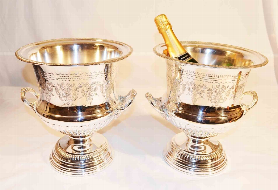 Magnificent Pair Engraved Silver Plate Champagne Cooler