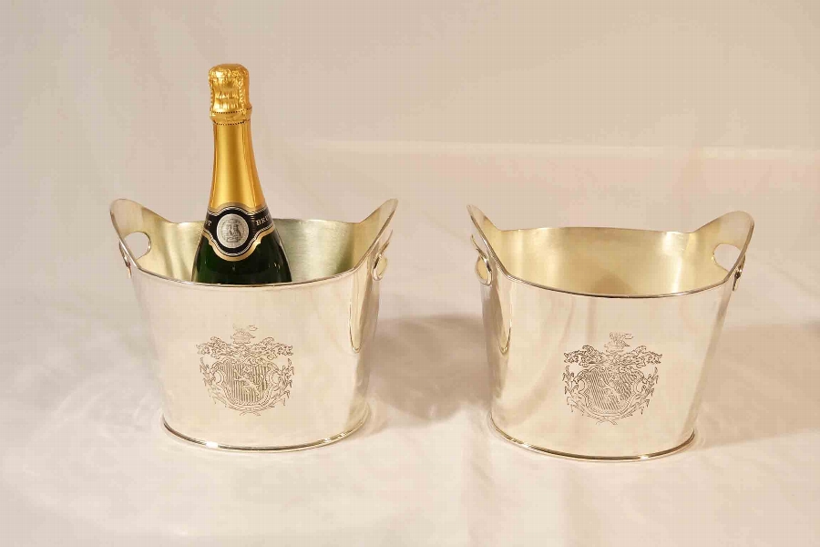 Stunning Pair Engraved Silver Plated Champagne Coolers