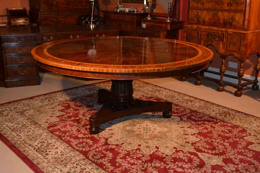 Vintage English Inlaid Dining Table 6ft Round Mahogany
