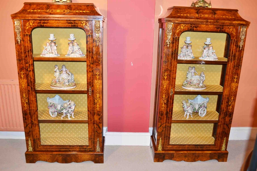 Exquisite Victorian Burr Walnut Inlaid Pier Cabinets