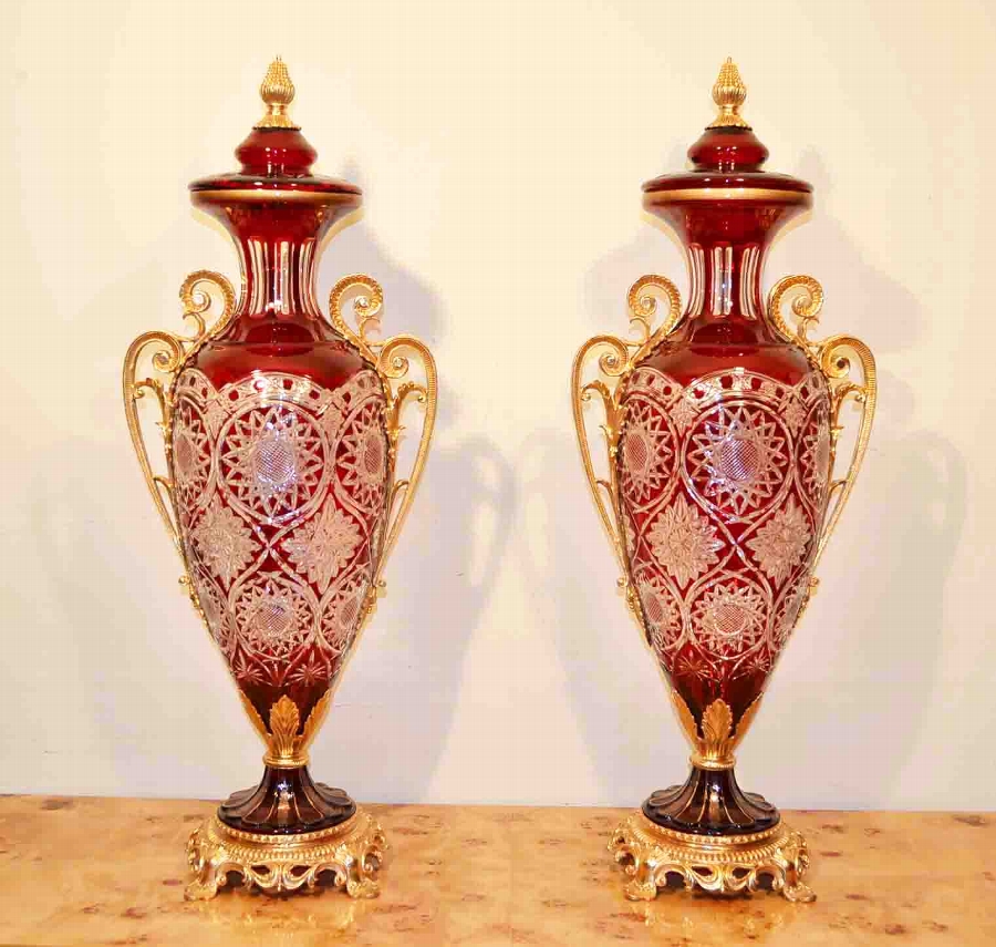 Stunning Pair Huge Red Cut Glass Vases Ormolu Mounts
