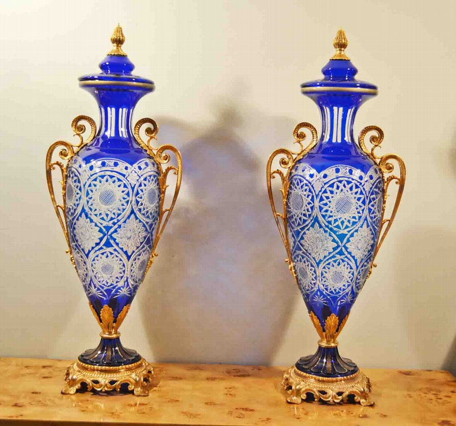 Stunning Pair Huge Blue Cut Glass Vases Ormolu Mounts