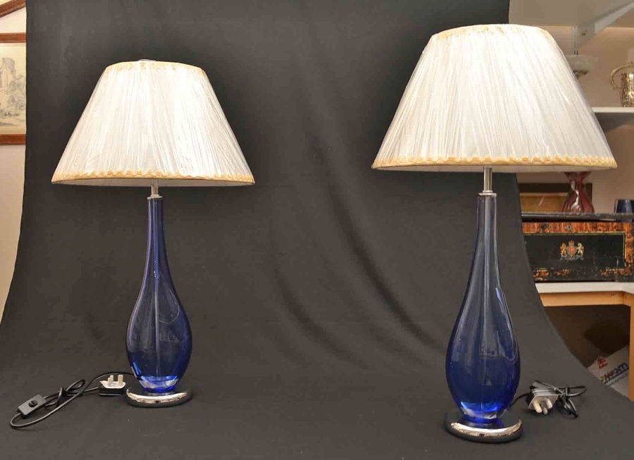 Stunning Pair Blue Murano Glass Shaded Lamps