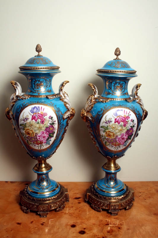 Large Pair Hand Painted Azure Blue Porcelain Vases
