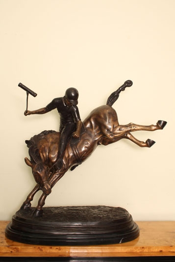 Stunning Bronze Polo Player Bucking a Horse Sculpture