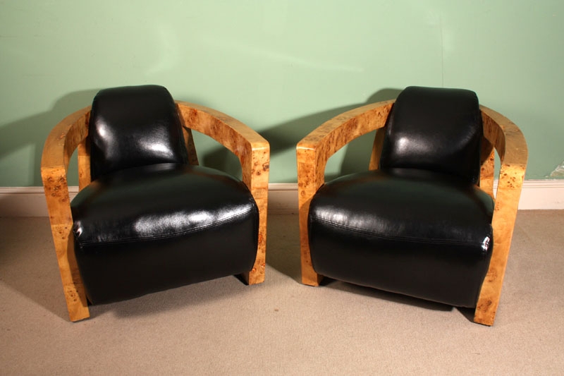 Pair Art Deco Birdseye Maple Black Leather Armchairs